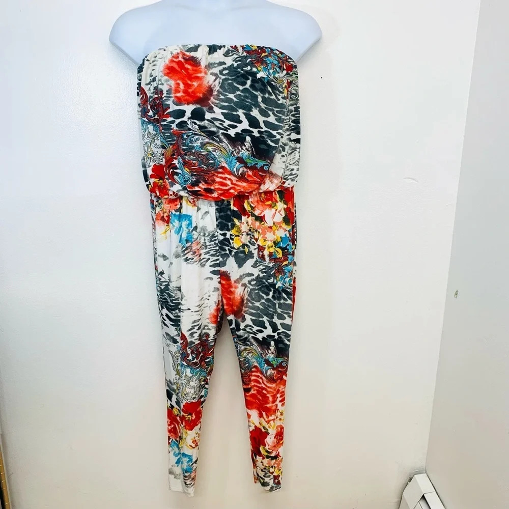 Kiss & Fly Strapless Jumpsuit Large  Stretch Knit Colorful Mix Print Cinch Waist